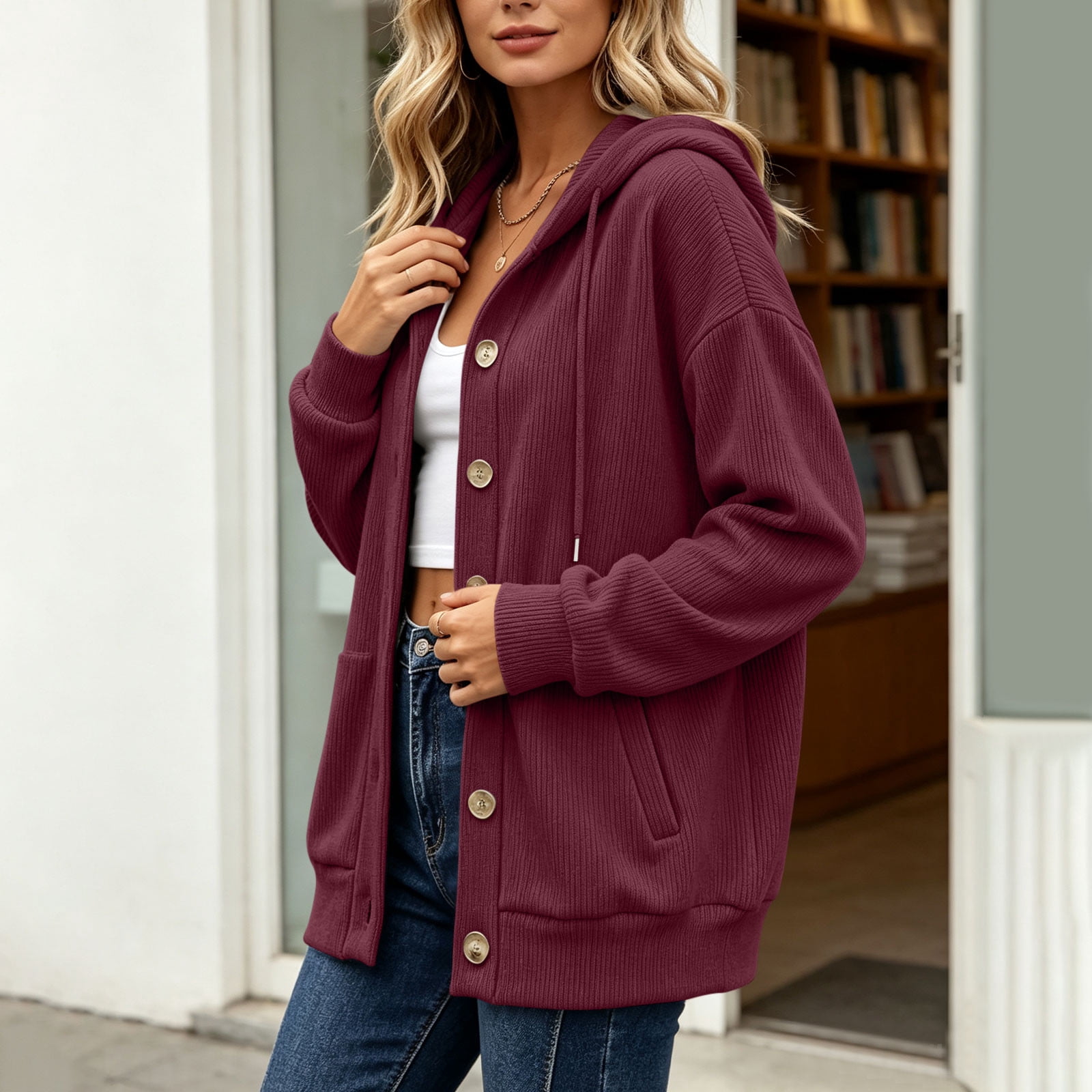 Mineart Women Long Sleeve Ribbed Texture Shacket Jacket Button Down Hooded Coats Cardigan Outerwear