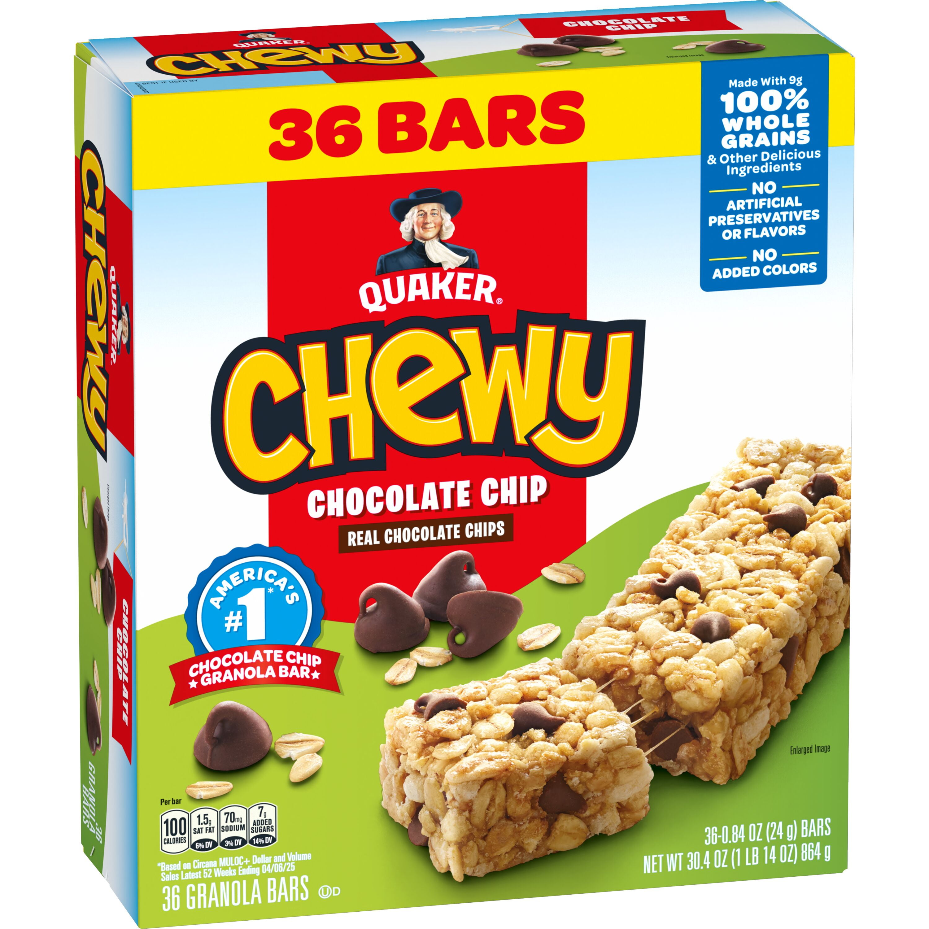 (4 pack) Quaker Chewy Granola Bars, Chocolate Chip Flavor, 0.84 oz, 36 Count