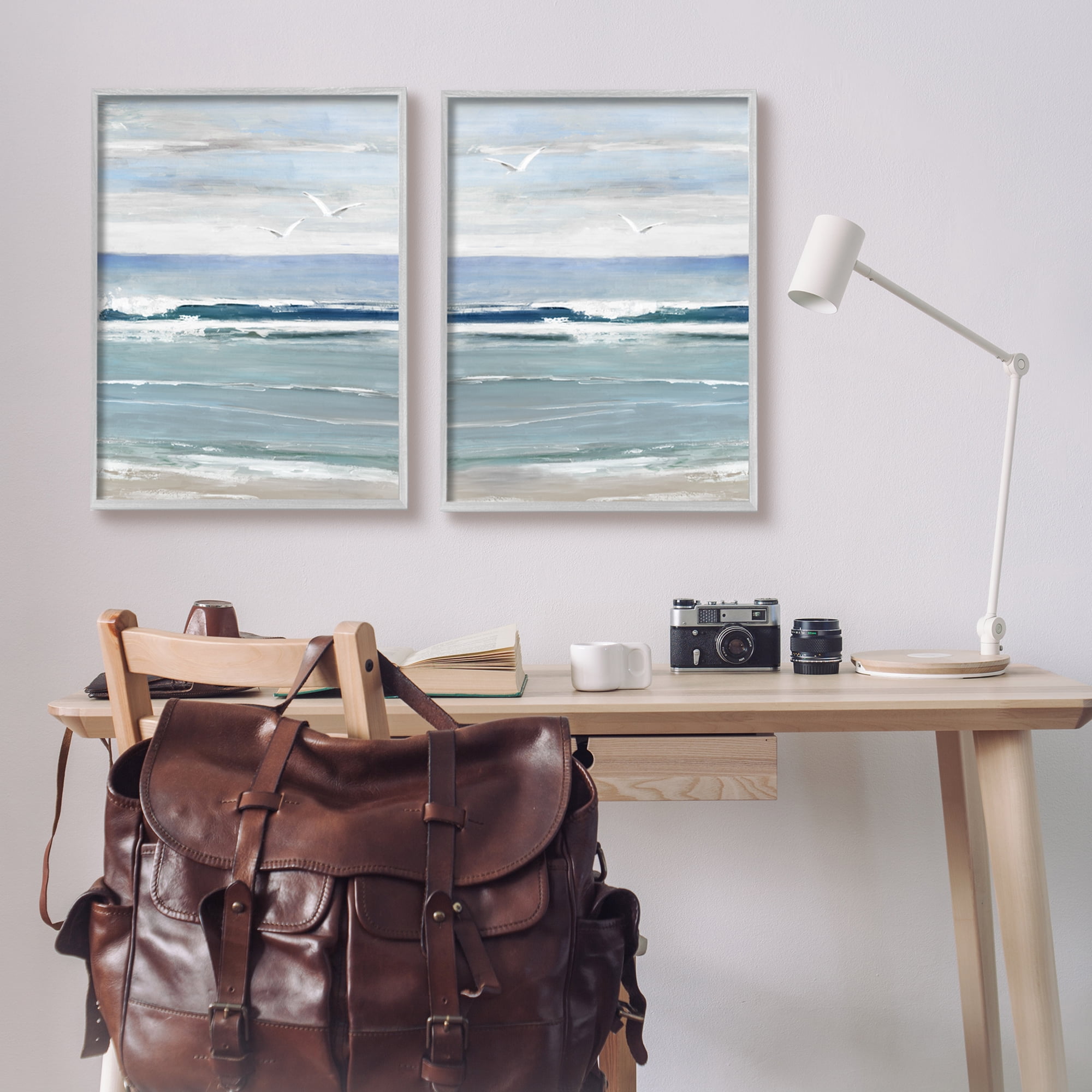 Stupell Industries Seagulls over Beach Waves Landscape Painting Gray Framed Art Print Wall Art, 24 x 30, Set of 2