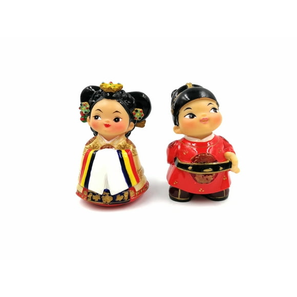 Resin Mini Figurine, Oriental Traditional Culture Figurine, Set of 2, Hand-Painting, Korea Traditional Ancient Dynasty Boy & Girl Decoration, 6.5cmH