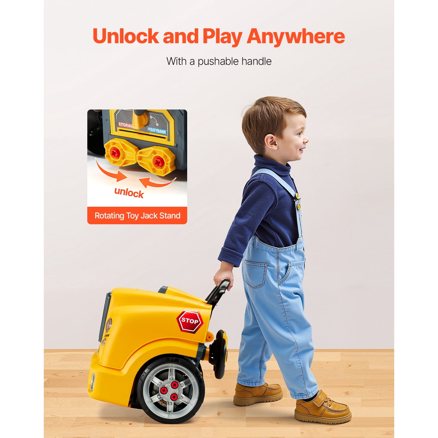 KFFKFF Engine Toy for Kids, 60-Piece Car Repair Playset with Detachable Components, Light and Sound Effects, Steering Wheel and Horn, Workshop Kit for Children Aged 3 and Older, Yellow