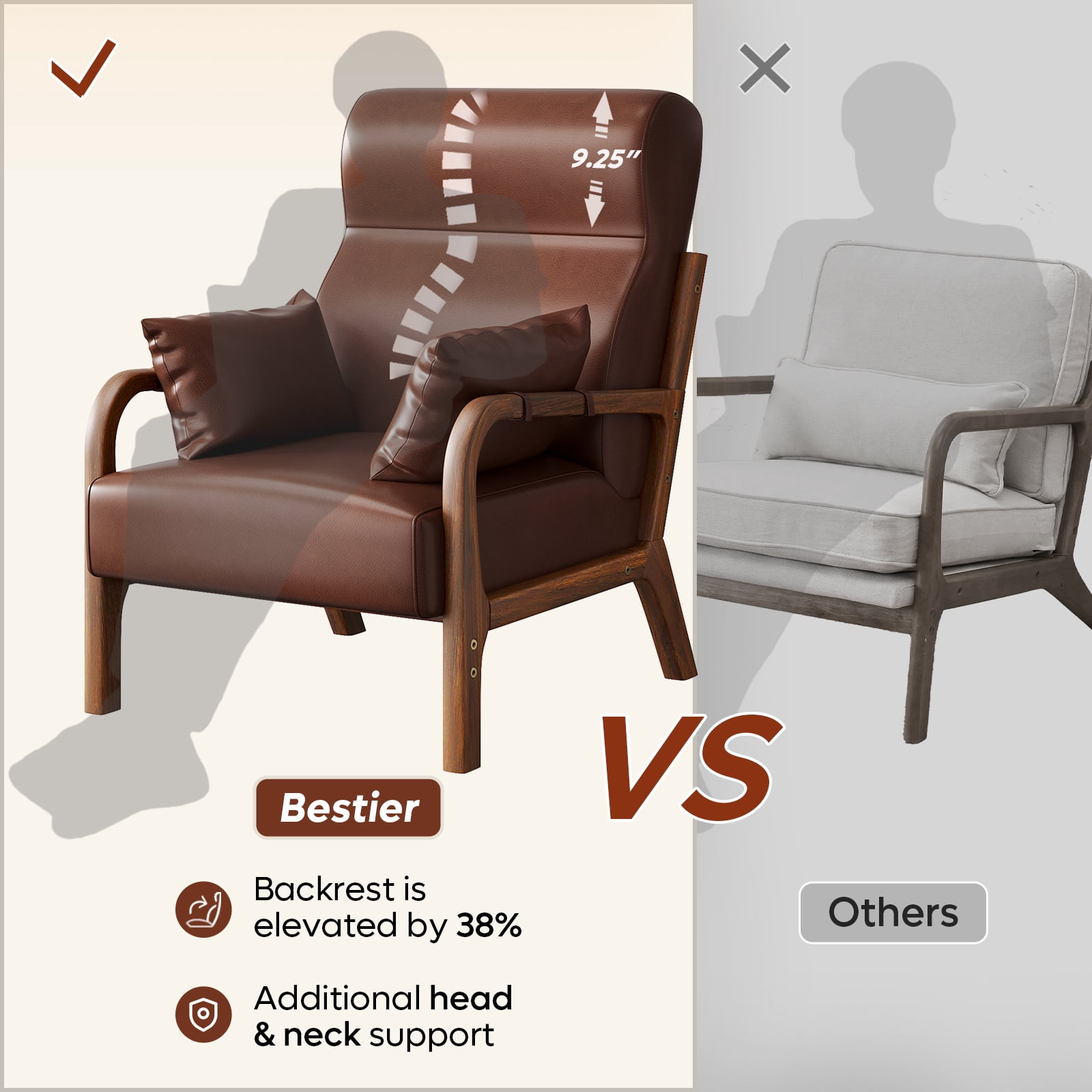 Bestier Mid-Century Modern Accent Chair with Solid Wood Frame & Pillows, 37" Upholstered Reading Lounge Chair for Living Room, Bedroom, Brown PU Leather