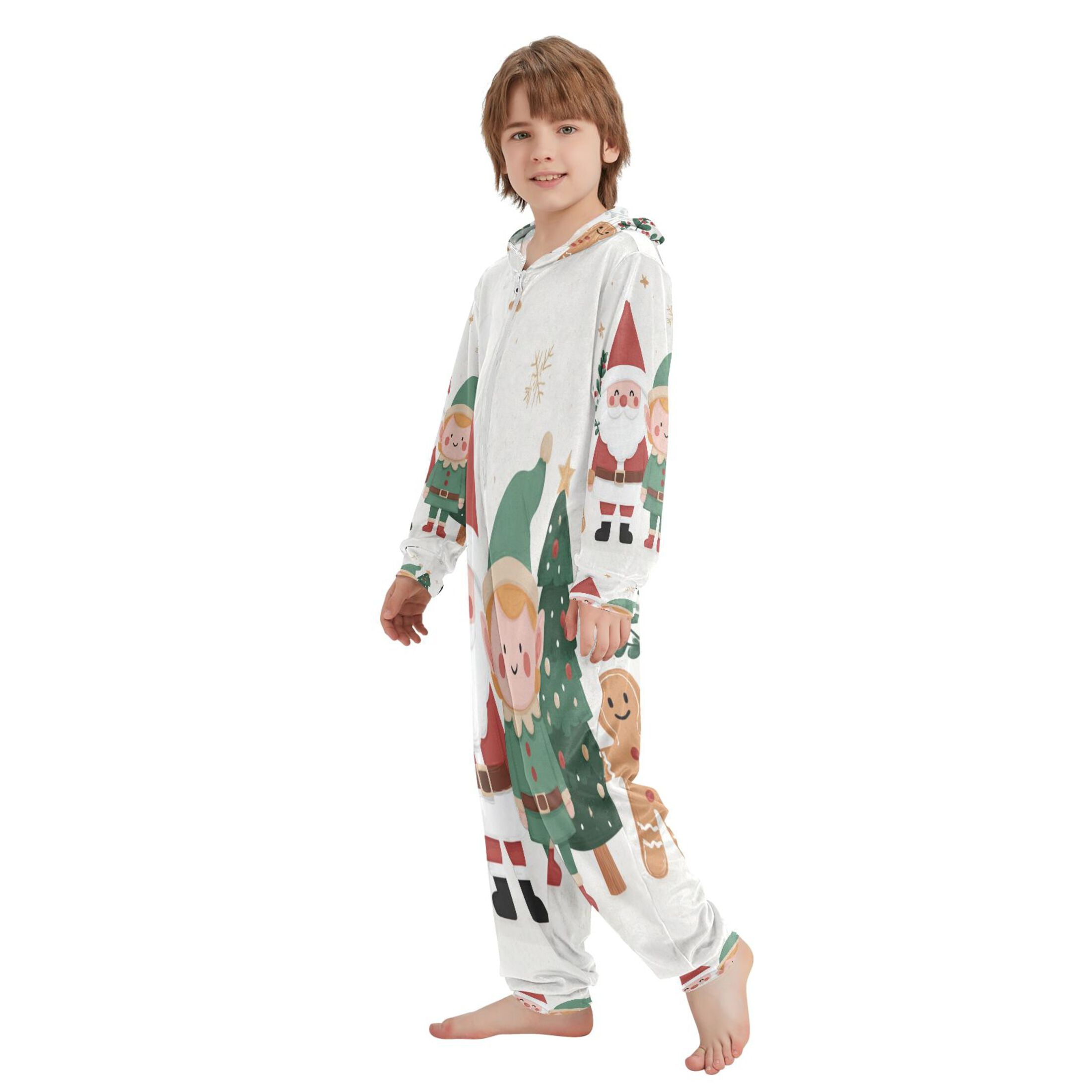 Ttyddzy Children's one-piece Hooded Pajamas Soft Crystal Velvet with Kids Girl Boys,Loose Convenience Long Sleeves Zipper for 4T-14Y ，Santa Claus and The Little Elves
