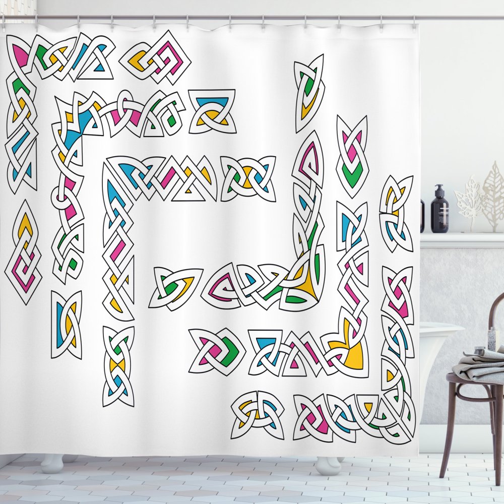 Irish Shower Curtain, Celtic Ornament Patterns Set Colorful Vibrant