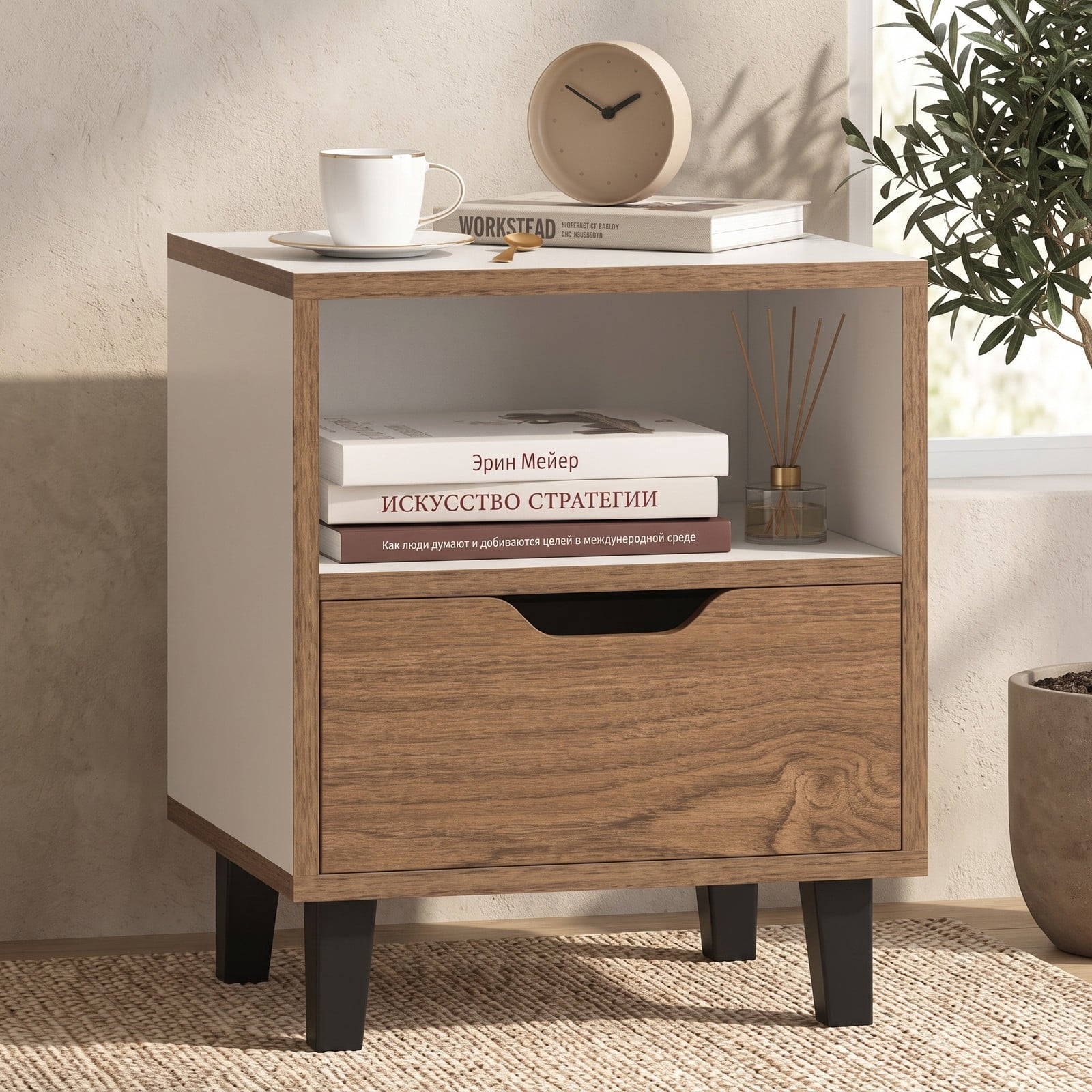 Furnibear Nightstand with Drawer and Open Storage Shelf, Two-tone Bedside Table with Metal Legs for Bedroom and Sofa Side, White