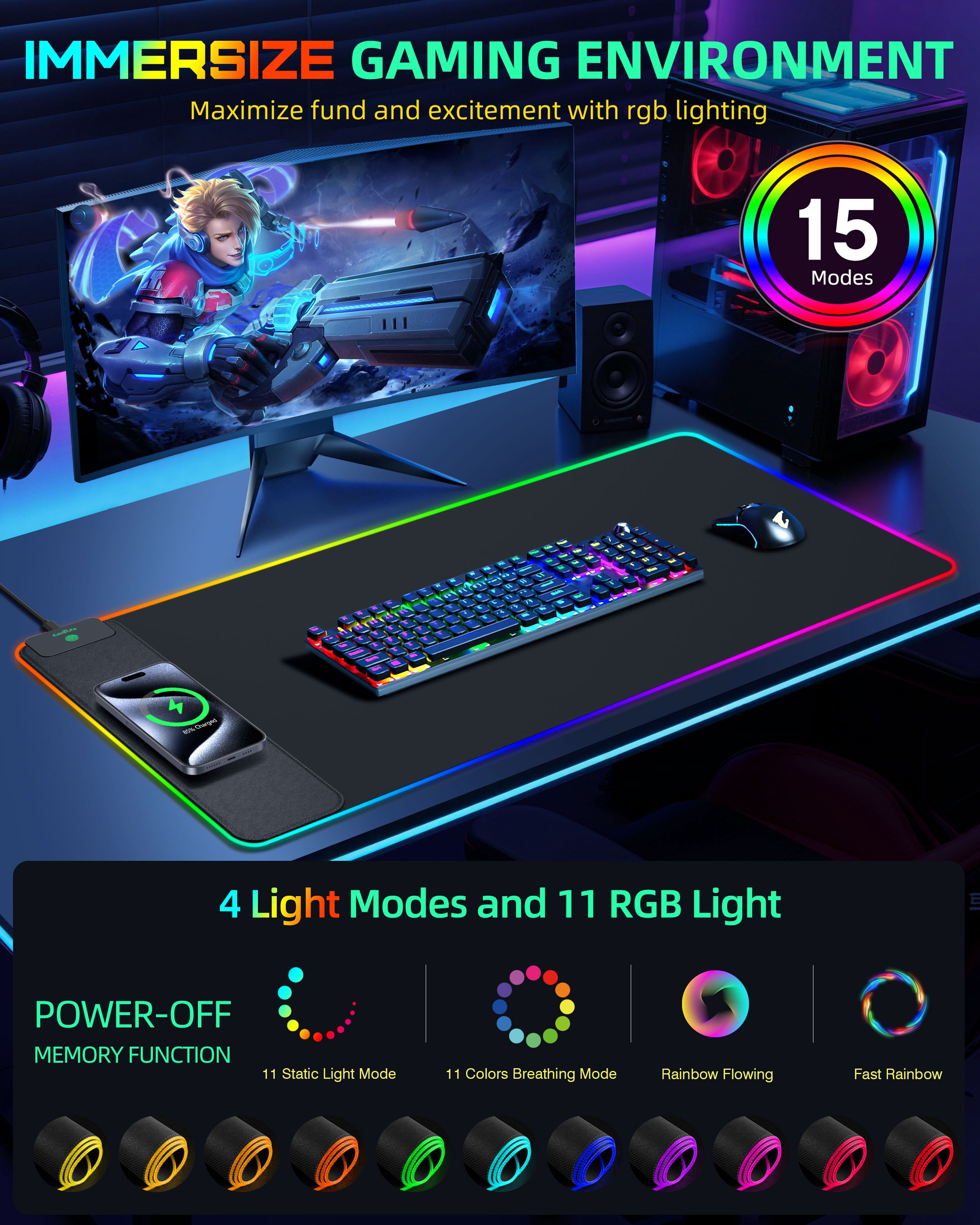 Extrelife RGB Gaming Mouse Pad with Magnetic Wireless Charger, 11 Lights Modes, LED Mouse Mat 15W Fast Charging for Home, Office, School