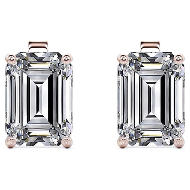 JeenMata Pendientes Minimalistas con Solitario de Moissanita de Talla Esmeralda de 2 Quilates Bañados en Oro Rosa de 18 K sobre Plata