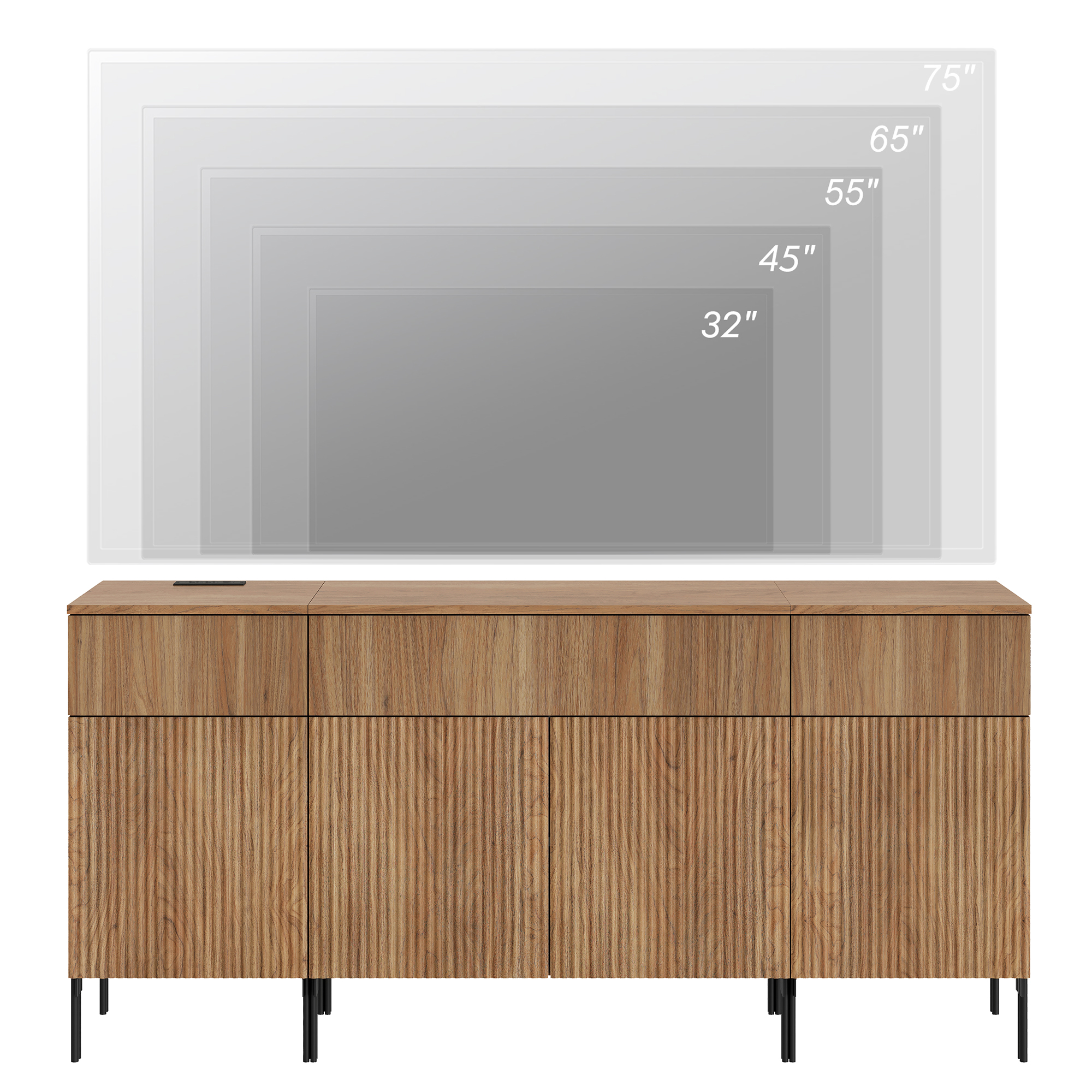 Modern Reeded Dresser TV Stand for TVs up to 75 Inch, Entertainment Center with Charging Station, Wooden TV Console with Storage for Living Room