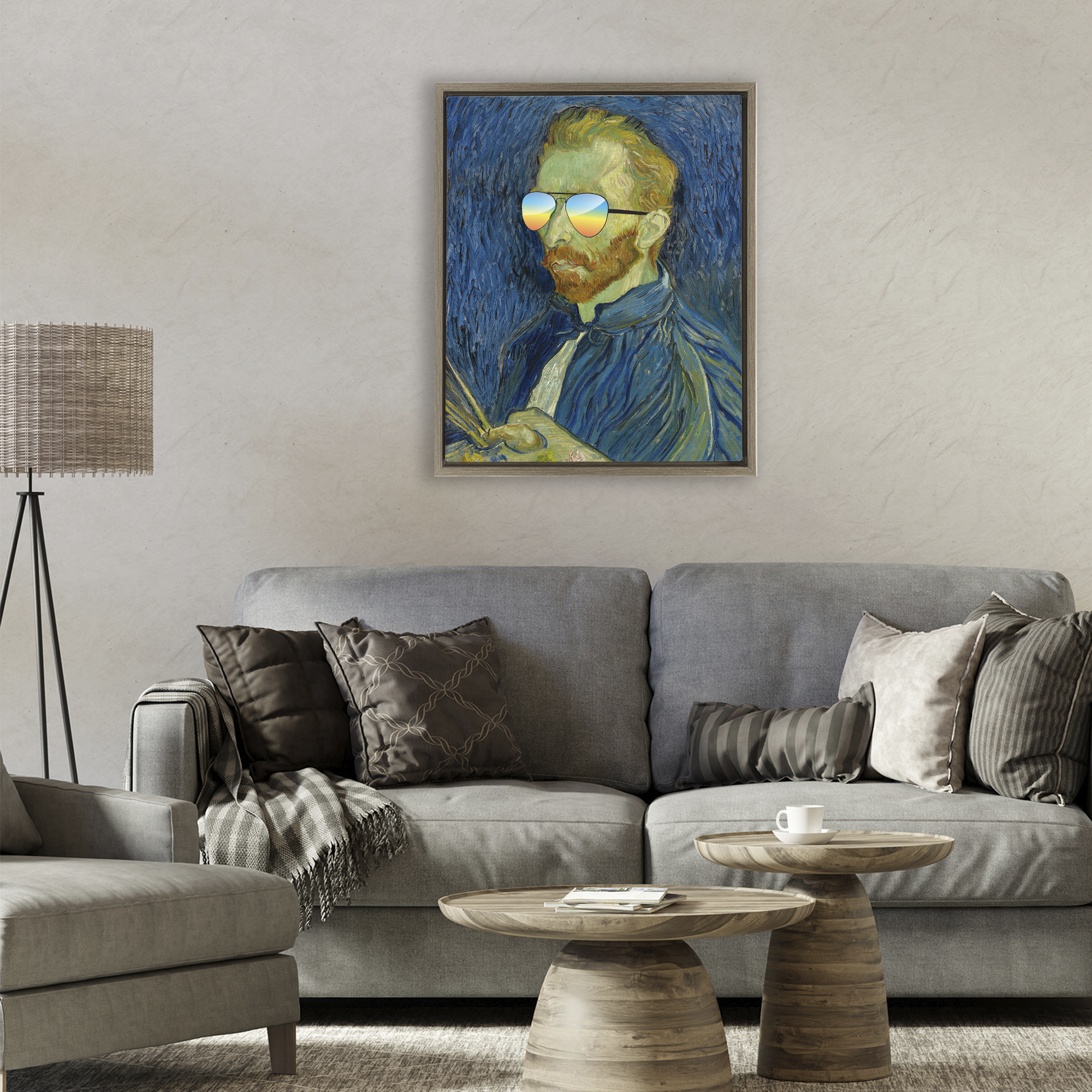 Funny Van Gogh Sunglasses Brown Framed Floater Canvas Wall Art, design by Masters Redux
