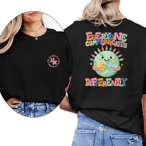 Everyone Communicates Differently Phrase Graphic Tees Autism Awareness Print T Shirts Short Sleeve Casual Tops for Daily Outfits Black,M