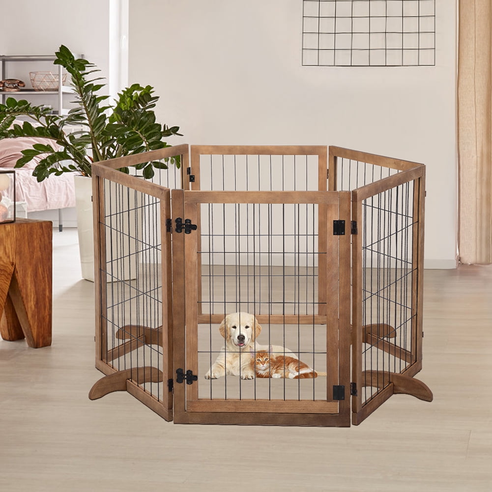 Kepooman Freestanding Pet Gate Decorative Wooden Fence for Small to Medium Pet Dogs, Barrier for Stairs, Doorways, & Hallways, Wood Color Kepooman Freestanding Pet Gate Decorative Wooden Fence for Small to Medium Pet Dogs, Barrier for Stairs, Doorways, & Hallways, Wood Color