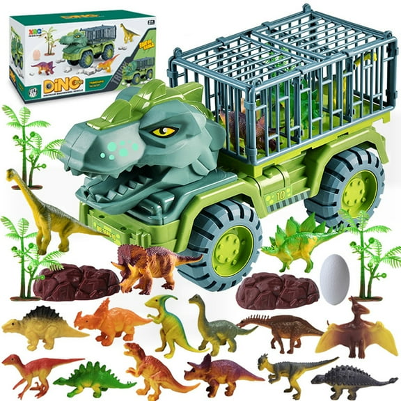 T-Rex Transporter with 15 Dinosaurs, 1 Egg, 2 Rocks and 3 Trees,Dinosaur Car Toy for Kids Gifts for 3-6 Years Kids
