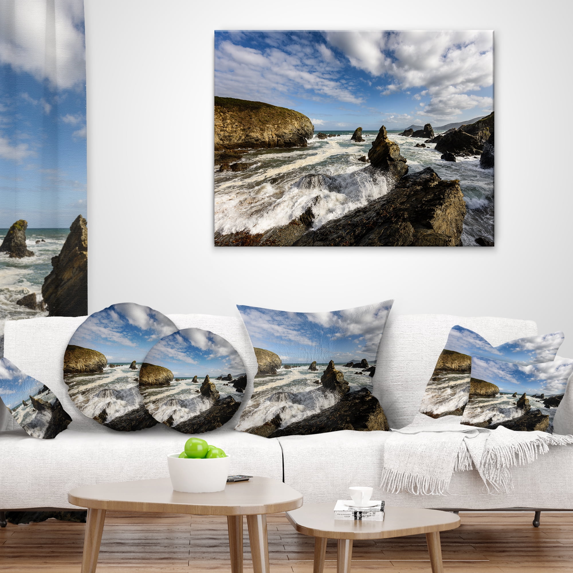 Designart Blue Atlantic Coast in Spain - Seashore Photo Throw Pillow - 12x20