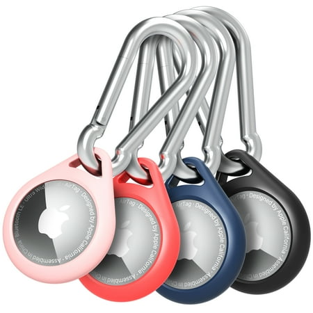 Vena Protective Silicone Case Compatible with Apple Airtag (4 Packs), Anti-Rust Aluminum Alloy Carabiner Perfect for Keychain, Pet Collar, Backpack, Luggage (Black, Red, Blue & Pink)