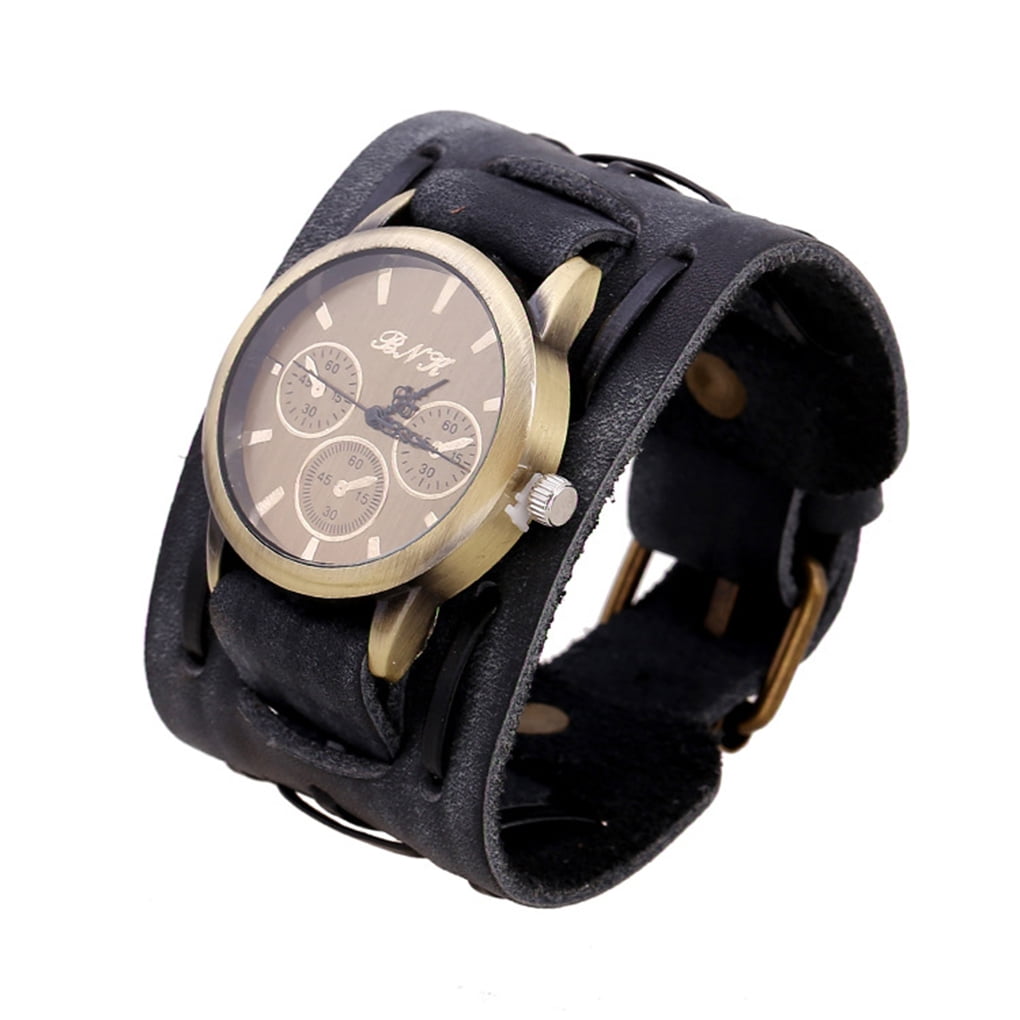 Brongsleet Men Retro Watch Band Male Wide Leather Strap Cuff Vintage Wristwatch Quartz Watch -