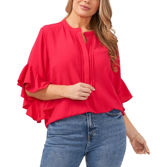 Plus Size Ruffle Sleeve Henley Blouse Geranmium 3X