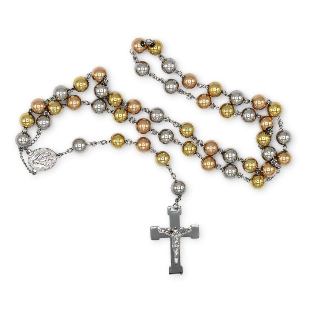 BEBERLINI Traditional Rosary Necklace Five Decade Stainless Steel