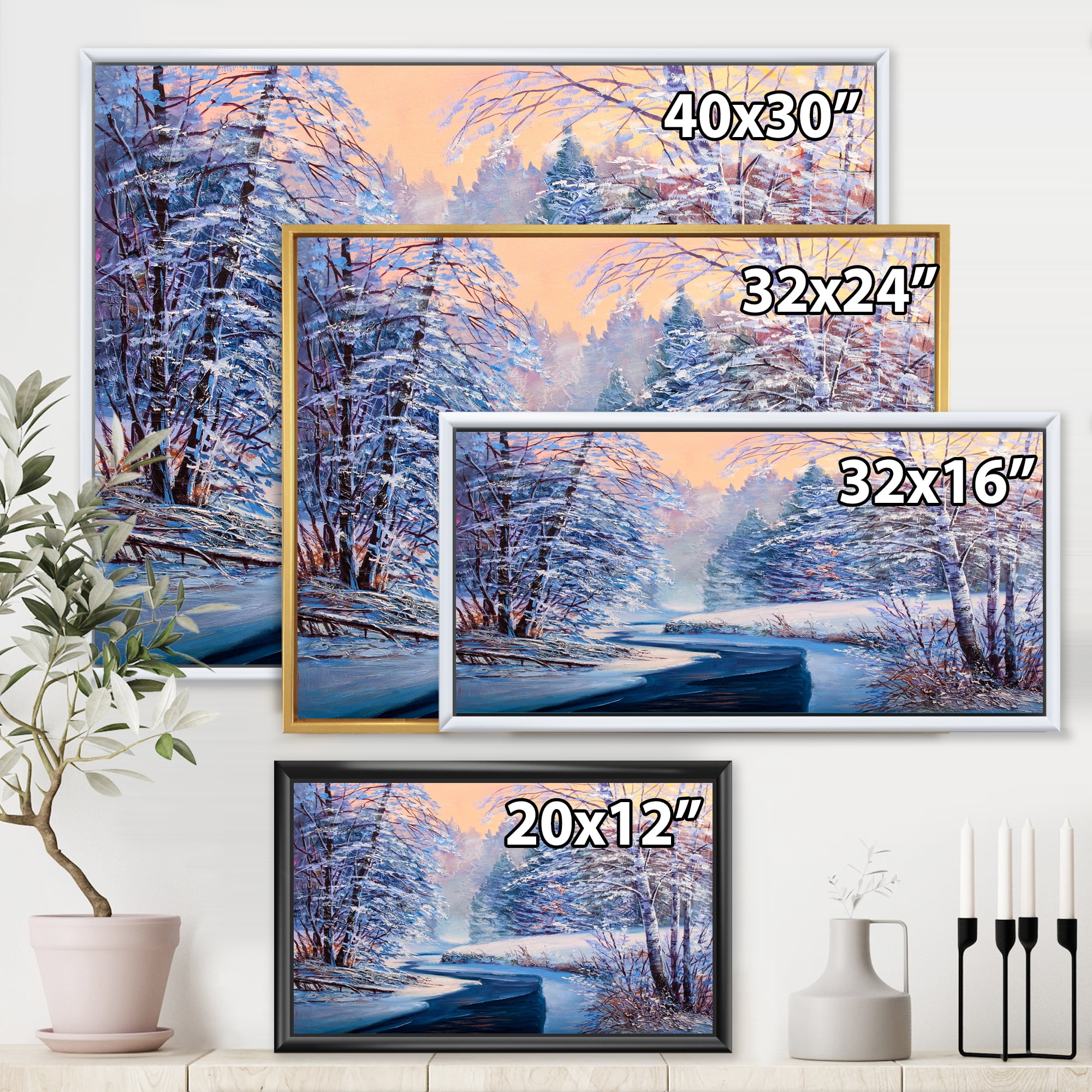 Pastel Winter Forest With River 40 in x 30 in Framed Photography Canvas Art Print, by Designart