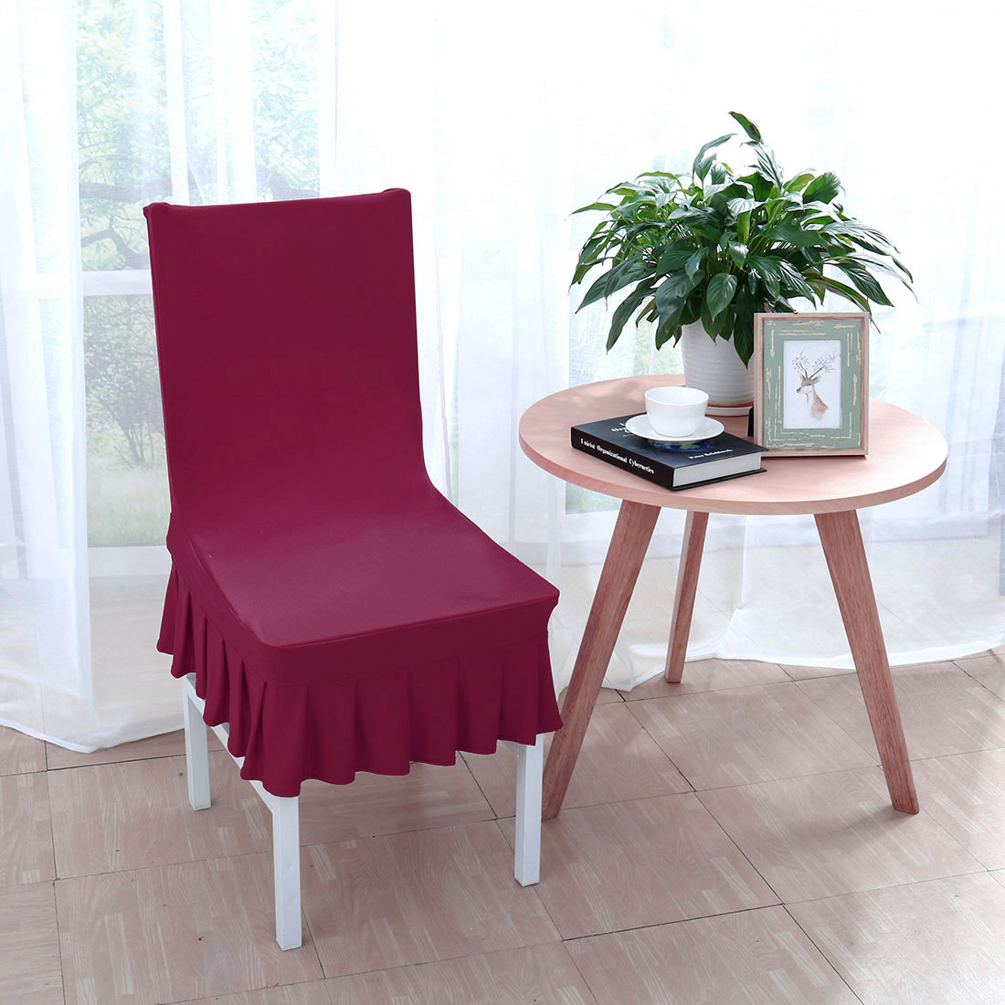Unique Bargains Ruffled Skirt Dining Chair Cover Ruffled Seat Slipcovers Burgundy M