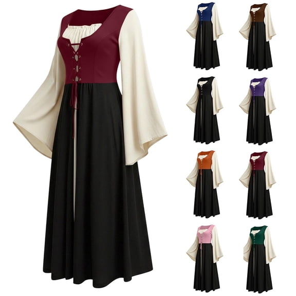 Womens Renaissance Costume Dress Medieval Pirate Peasant Corset Dresses Bell Sleeve A-Line Maxi Dresses