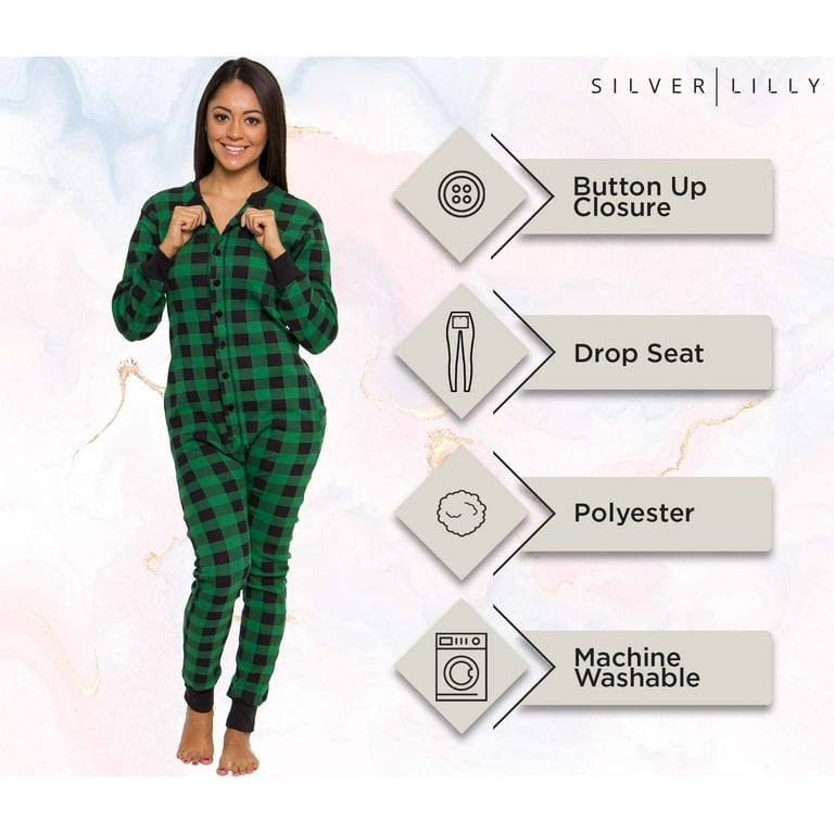 Silver Lilly Buffalo Plaid Women's One Piece Pajamas - Adult Unisex Union  Suit with Drop Seat Butt Flap (Green/Black Plaid, Small)