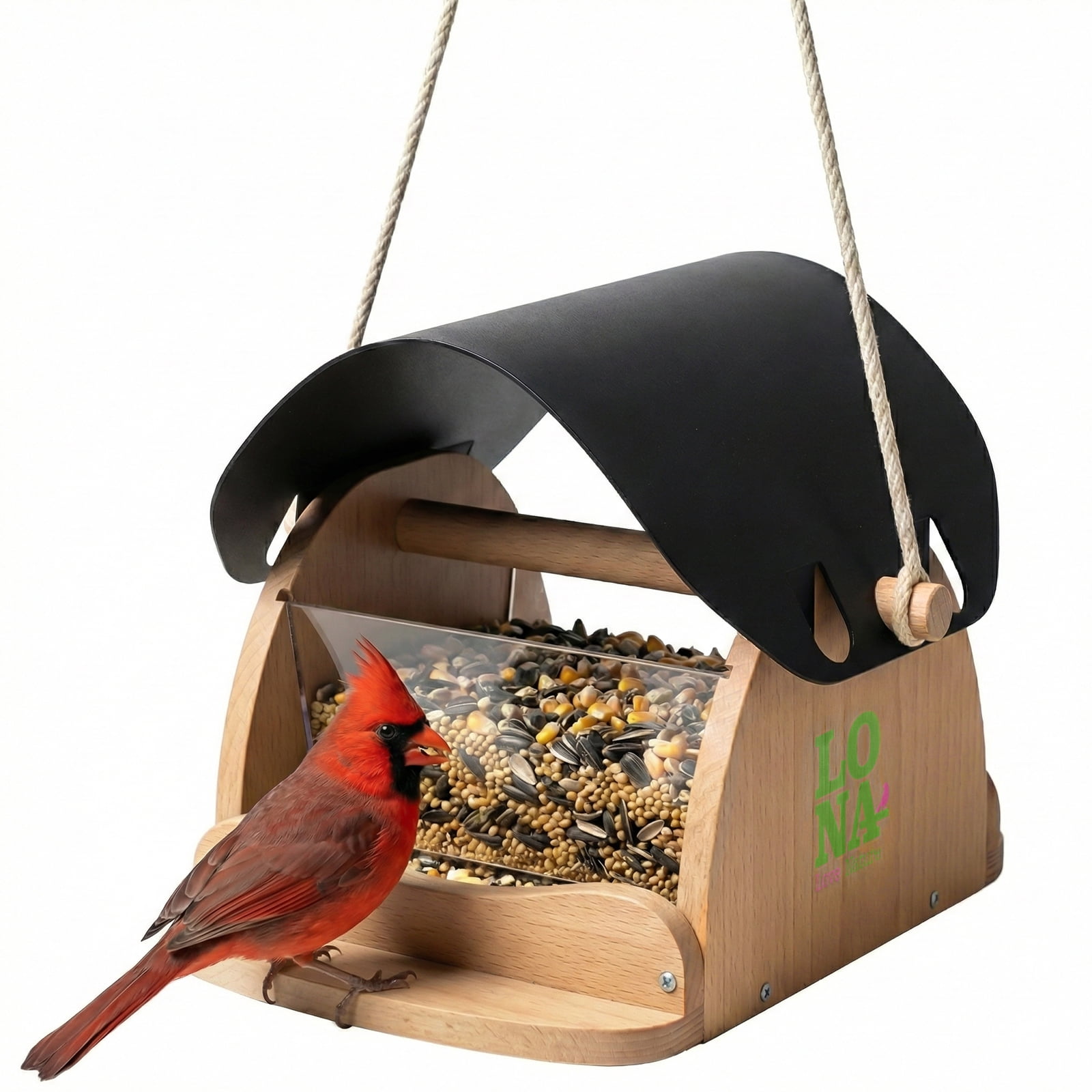LONA Wooden Bird Feeder for Outdoors Hanging, Large Capacity Hopper with Weatherproof Roof Birdfeeder for Feeding Outside Garden Wild Birds Cardinals Finches Robin Sparrow Blue Jay Chickadees