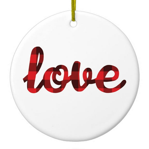DistinctInk Hanging Ceramic Christmass Tree Ornament with Gold String - Great Gift / Present - 2 3/4 inch diameter - Buffalo Love - Red Black Plaid