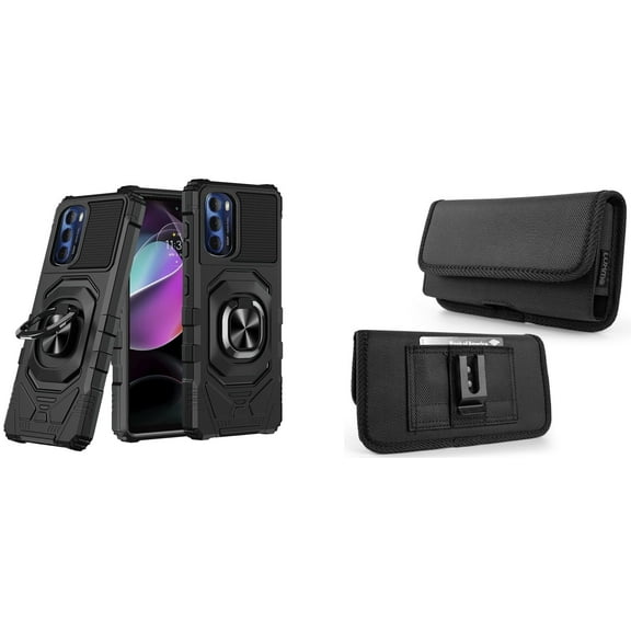 Case with Belt Holster Bundle for Moto G 5G 2022: Heavy Duty Shield Cover (Black) and Horizontal Rugged Nylon Phone Pouch