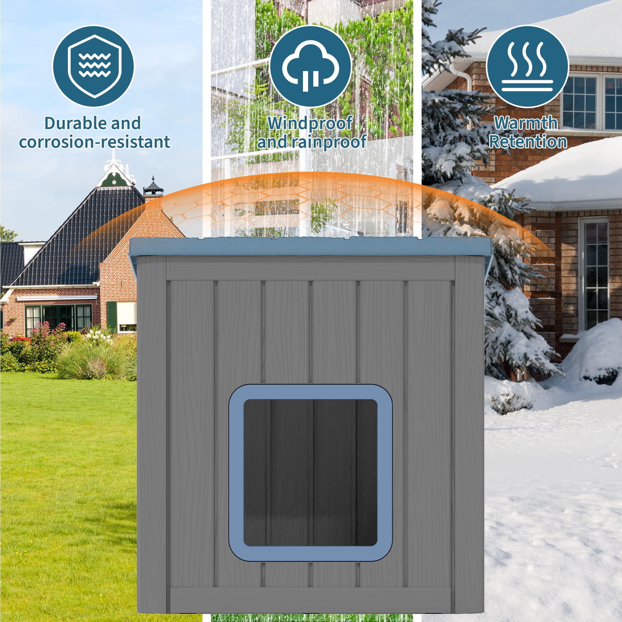 LHBcraft Outdoor Cat House,Durable Insulated PP Shelter for Feral Kittens,Weatherproof Shelter for Garden,Gray & Blue