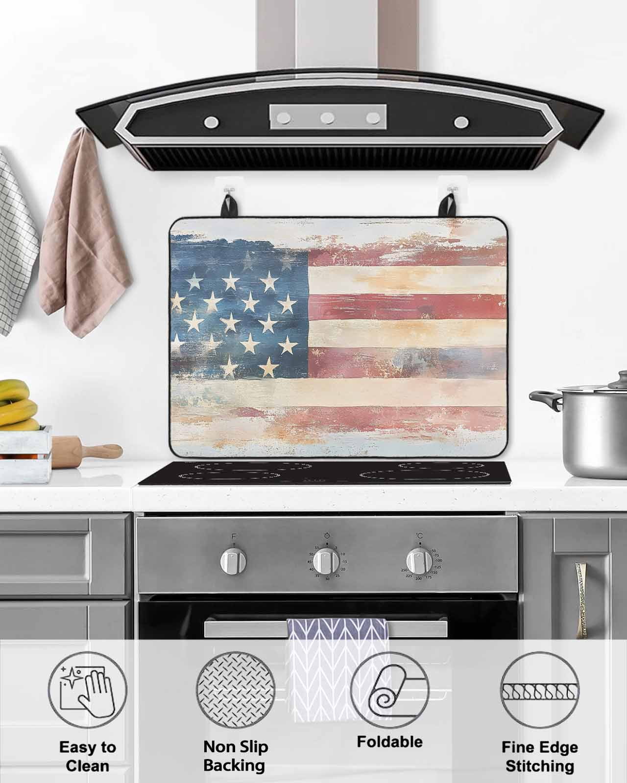 nqOlkjepod Large Induction Cooktop Protector Mat 31"x24", American Flag Stove Top Covers for Electric Stove, Rustic Star Stripes USA Flag Retro Stove Burner Cover Mats, Glass Top Stove Cover