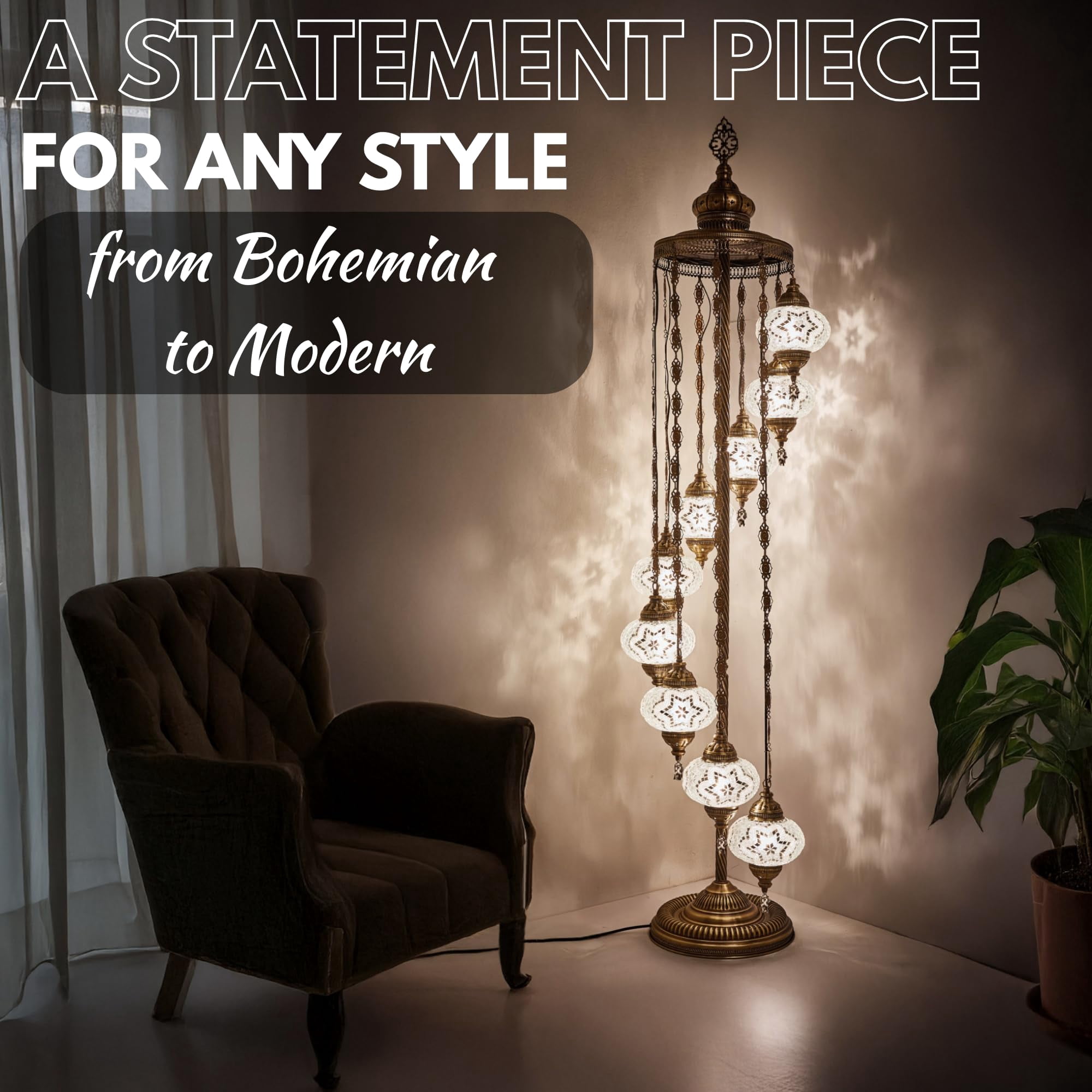 DEMMEX 9-Globe Turkish Moroccan Mosaic Floor Lamp, 6ft Handmade Bohemian Standing Light, Tall Tiffany-Style Decorative Lamp with Mosaic Glass Globes – Handmade in Turkey (Multicolor)