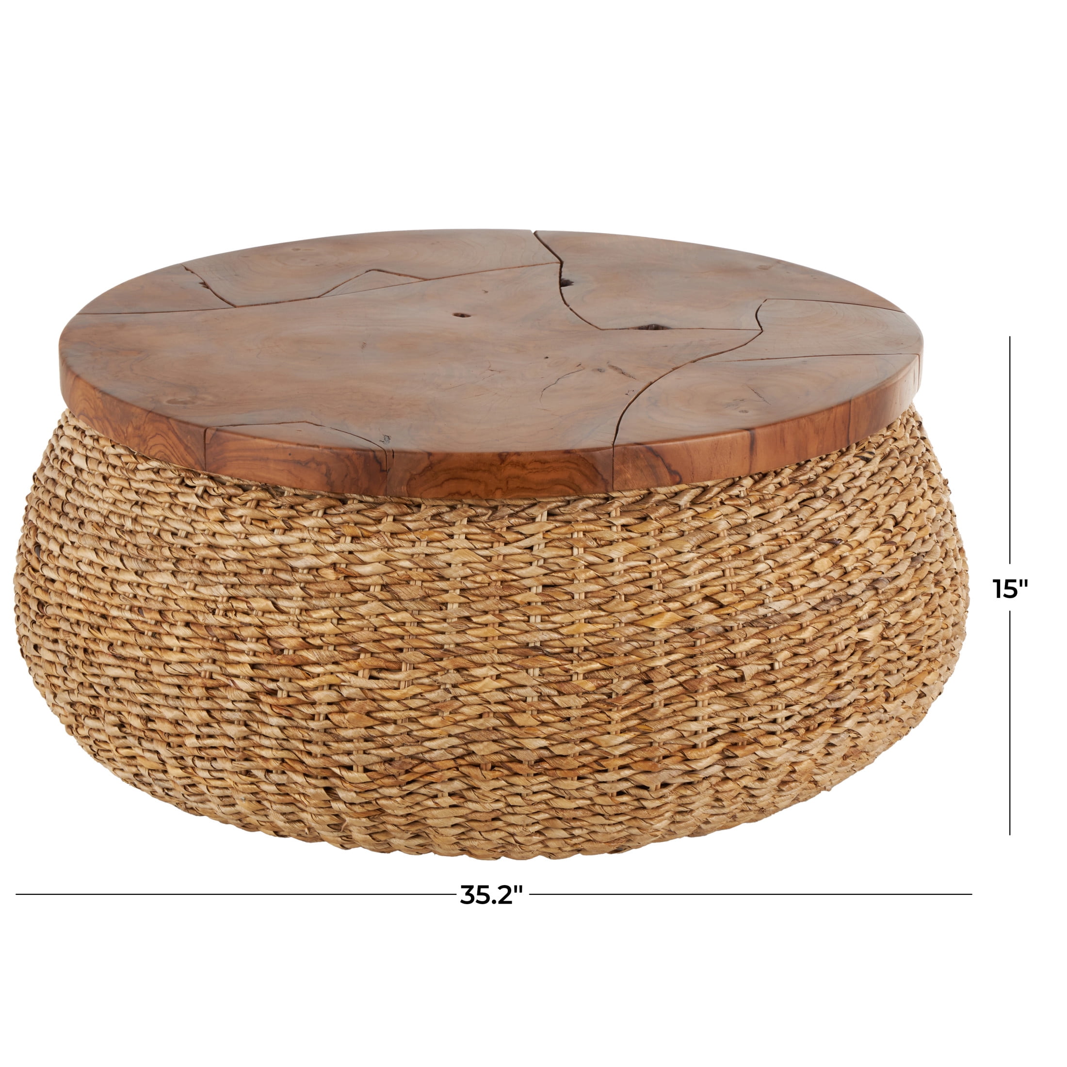 DecMode 35" x 15" Brown Rattan Wrapped Coffee Table with Teak Tabletop, 1-Piece