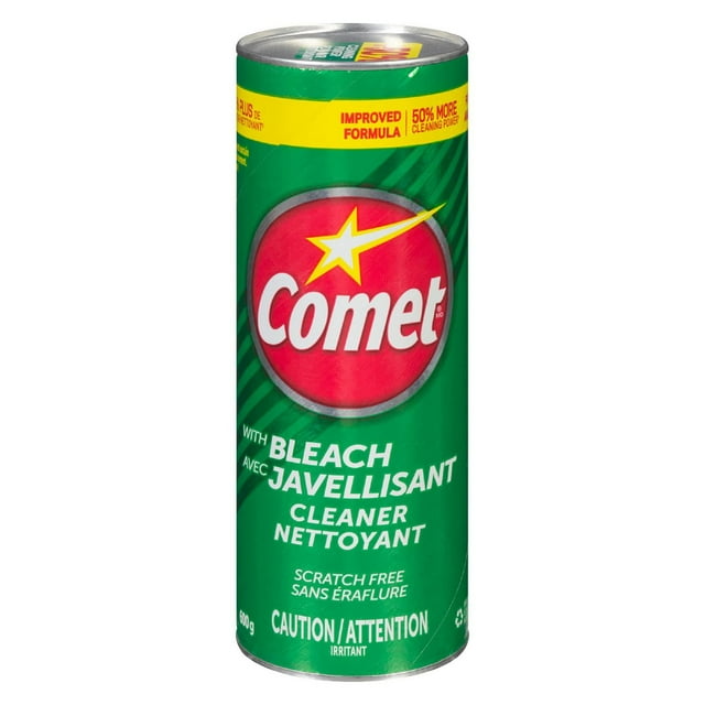 Green can of Comet cleaning powder with bleach, featuring improved formula and 50% more cleaning power, labeled scratch free and caution irritant.
