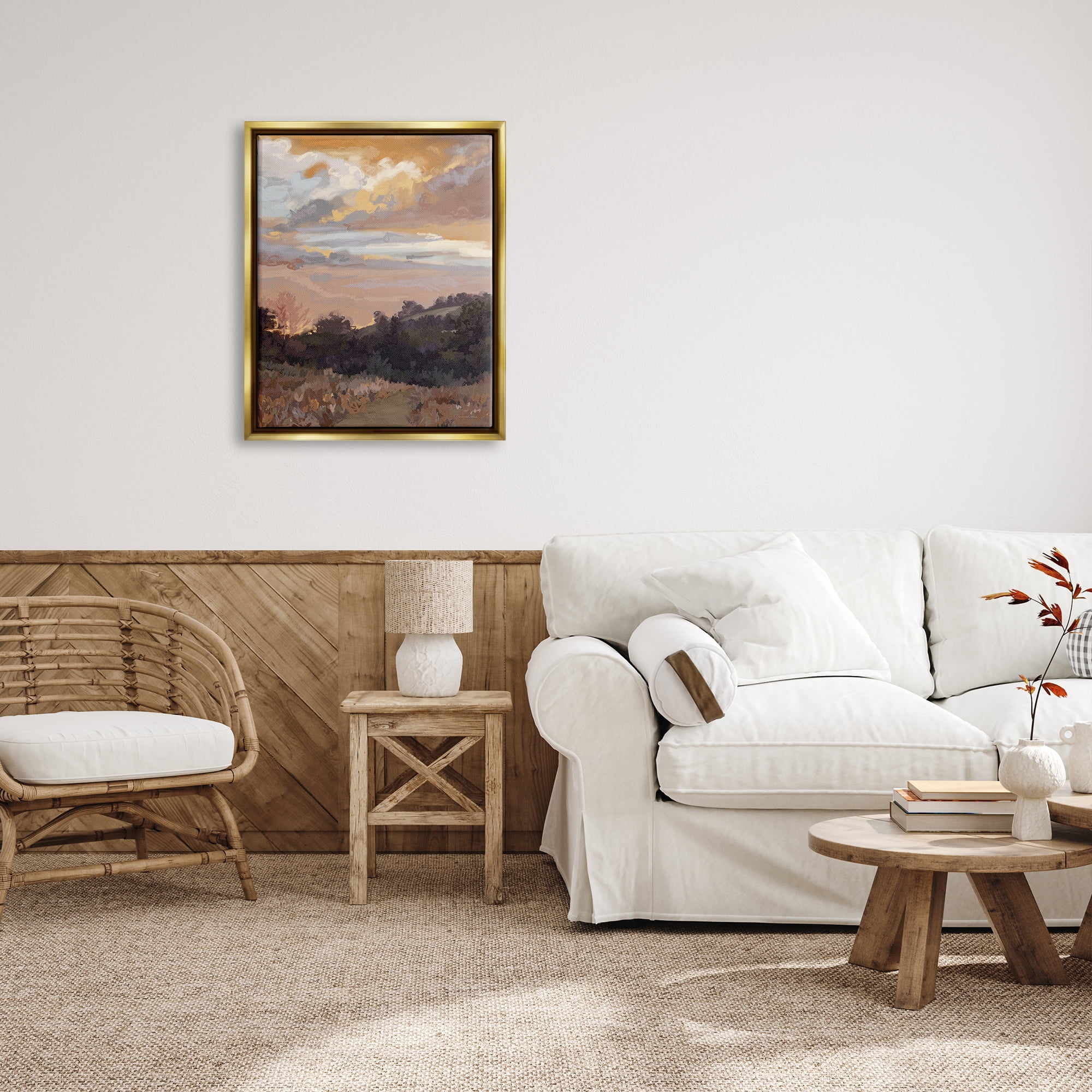 Stupell Industries Abstract Sunrise Landscape Landscape Painting Gold Floater Framed Canvas Art Print Wall Art, 25 x 31