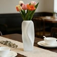 thumbnail image 2 of Plastic Vase with Ceramic Look, White Striped Decorative Tabletop Vase for Fresh or Artificial Flowers, 9x9x21cm, 2 of 6