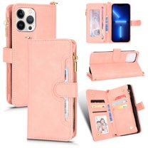 Magnetic Wallet Case Designed for iPhone 14 Pro Max Flip Case, PU Leather Zipper Folio Protective Case with Magnetic Closure and Card Holder with Crossbody Strap for iPhone 14 Pro Max, Pink
