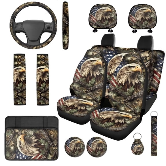 Uorisanigo Camo Hunting Wood 14 Pcs Automobile Seat Cover Sets and Car Headrest Cover Cars Steering Wheel Cover and Center Console Cover Seat Belt Pads Elastic Soft Suitable for Car SUV