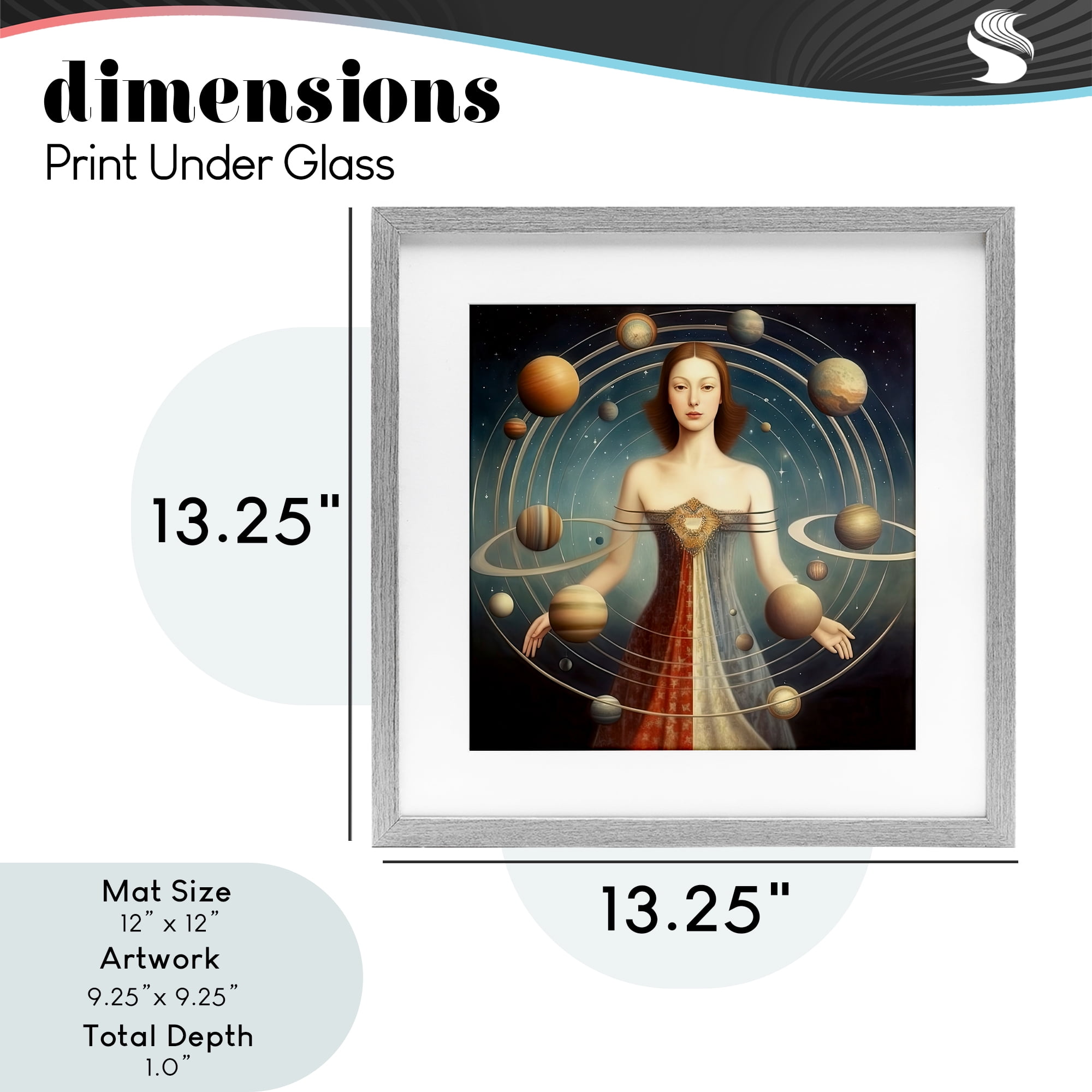 Galactic Orbits Woman Gray Framed Print Under Glass, design by Sasha
