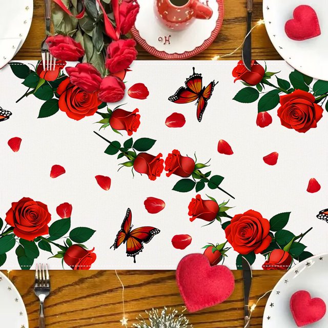 Puntoco Bandera de mesa con rosas para el día de San Valentín, decoración para fiestas, cocinas y salas de estar