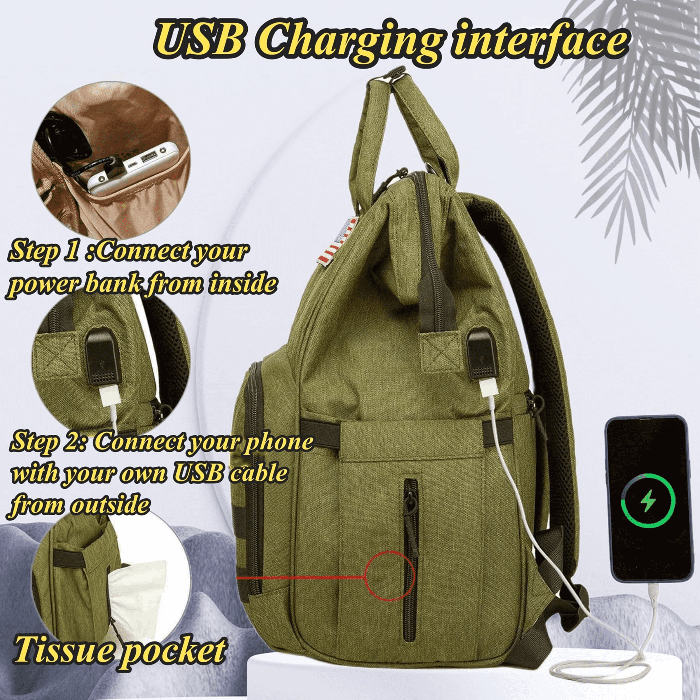 Diaper Bag Backpack for Dad and Mom with USB Charging Port Stroller Straps and Insulated Pocket,army military Travel Nappy Backpack for daddy mommy (Green)