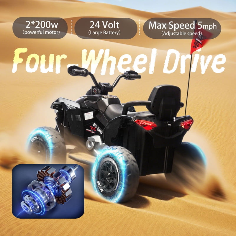 Gundir 24V Kids Ride On Electric ATV with Remote Control, 4-Wheel Shock Absorber, Storytelling, Music, LED Lights, USB/MP3, Speeds 1.24-3.73MPH, Black