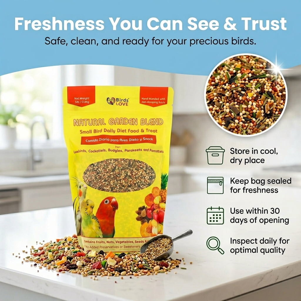 Birds LOVE Natural Garden Blend Bird Food for Small Birds, 2 lb - Hand Packed in USA, Natural Mix with Fruits, Seeds & Grains for Lovebirds, Cockatiels, Budgies & Parakeets