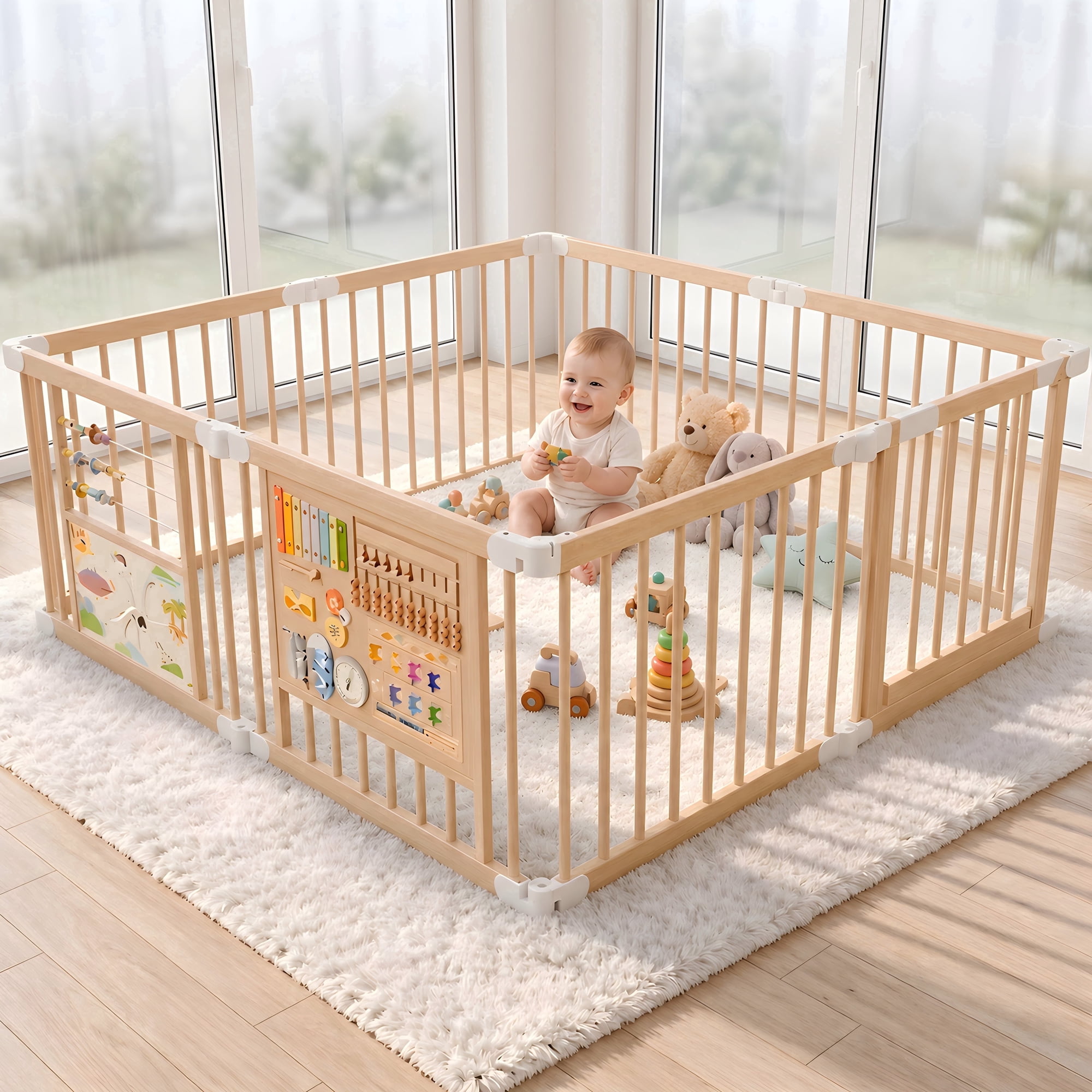 suihuooo Foldable Wooden Baby Playpen Playard, Wooden Foldable Baby Play Yard for Toddlers,Portable Foldable Playpen,63"x63"x24"