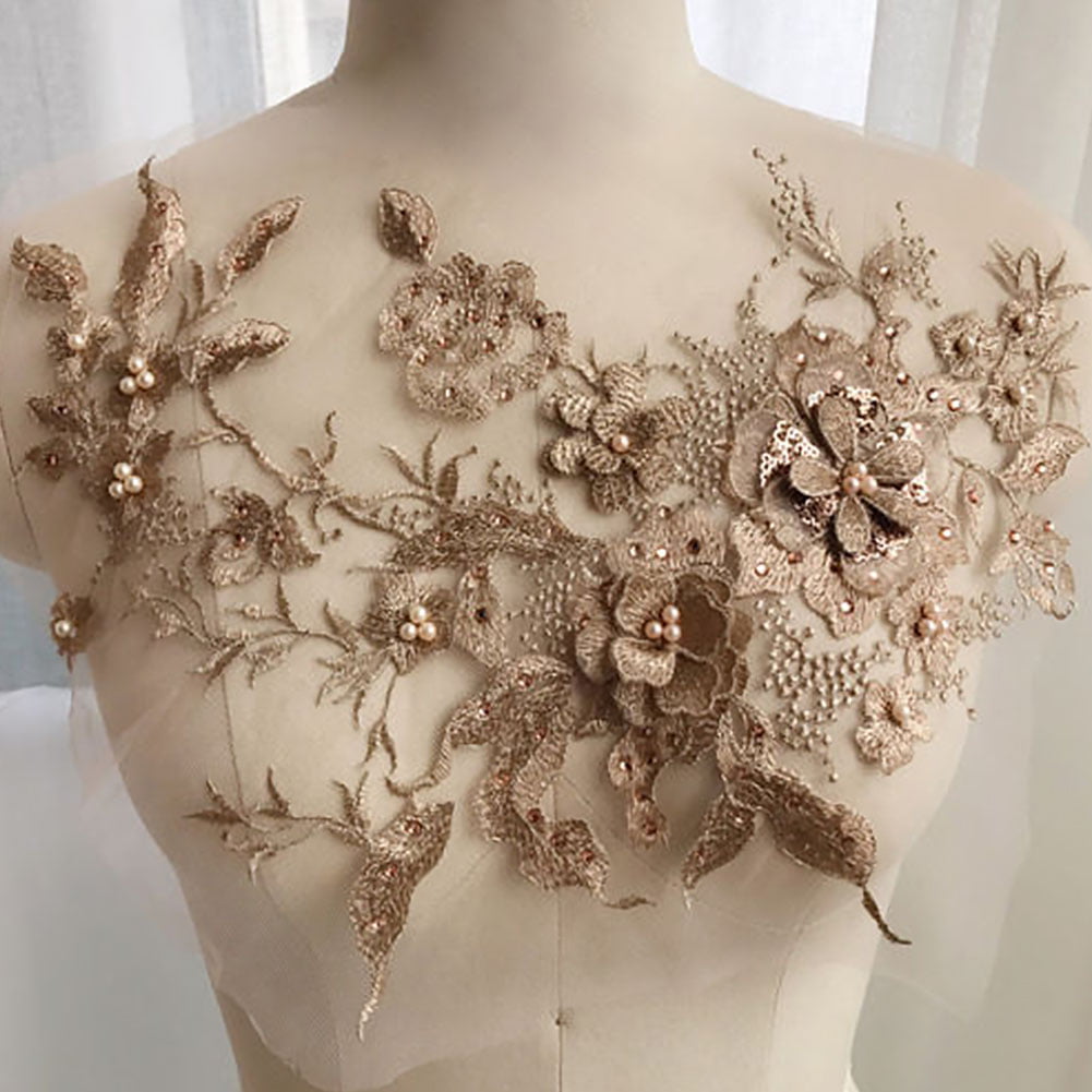 1Pcs 3D Flower Beads Embroidered Lace Applique Lace Fabric Bridal Dress Applique 