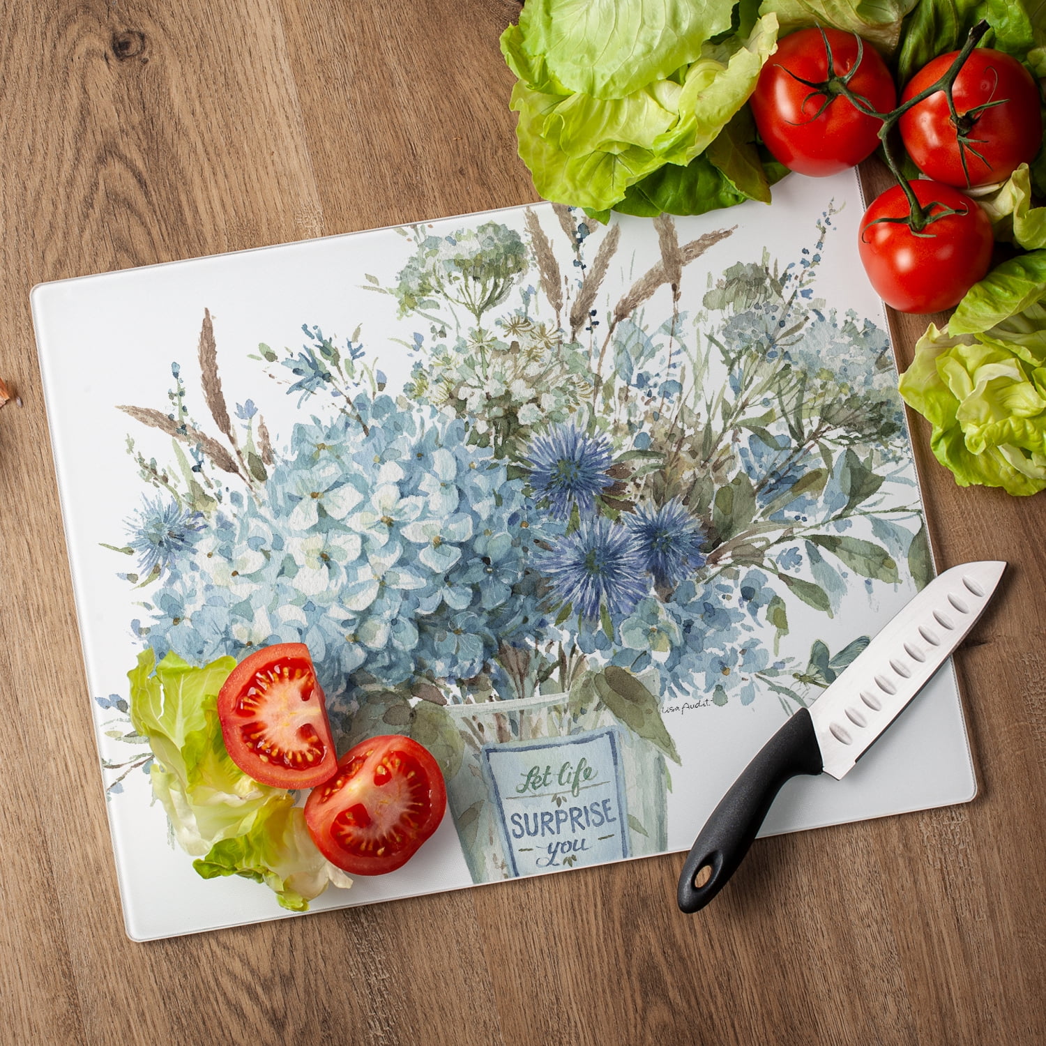CounterArt Blue Floral 3mm Tempered Glass Cutting Board 15" by 12"