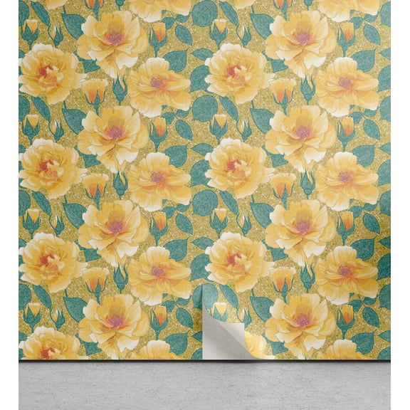 Ambesonne Summer Peel & Stick Wallpaper for Home, Flora Yellow Roses Pattern, 13"x36", Pastel Brown and Pale Teal