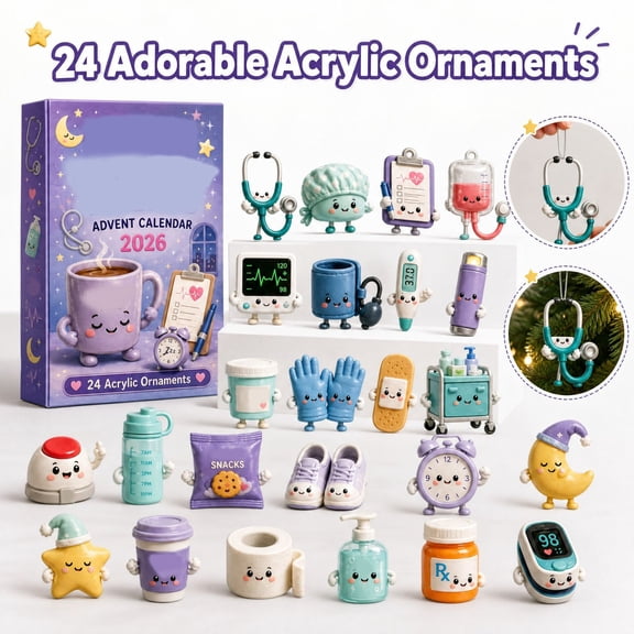 2026 Nurse Advent Calendar – 24-Piece Cute Medical Acrylic Ornament Set with Coffee & Care Items for Holiday Countdown & Christmas Decorations