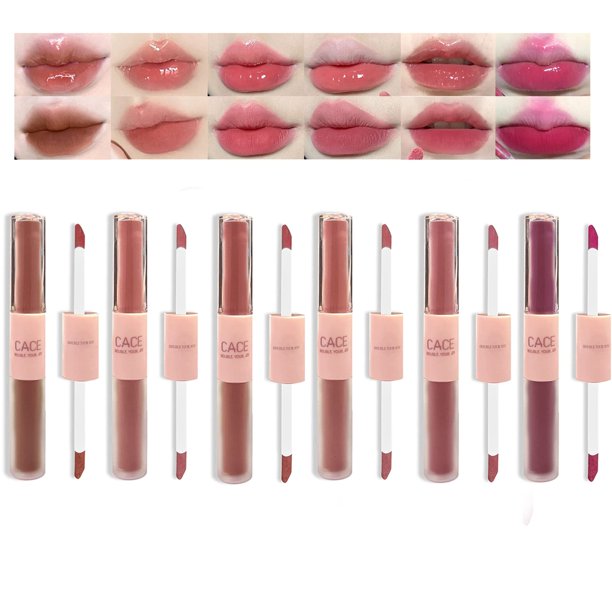 Domality Juego de 6 colores 2 en 1 de brillo de labios de doble punta, 6 piezas de terciopelo mate y acabado de espejo, lápiz labial líquido de larga duración, impermeable, brillante, esmalte de labio