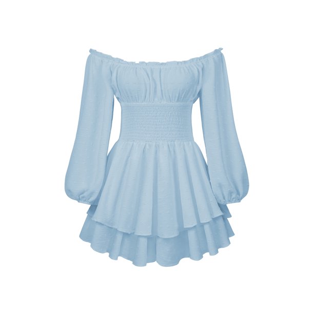 Qiylii Ruffle Dress Builtin Shorts Women Off Shoulder Long Puff Sleeve