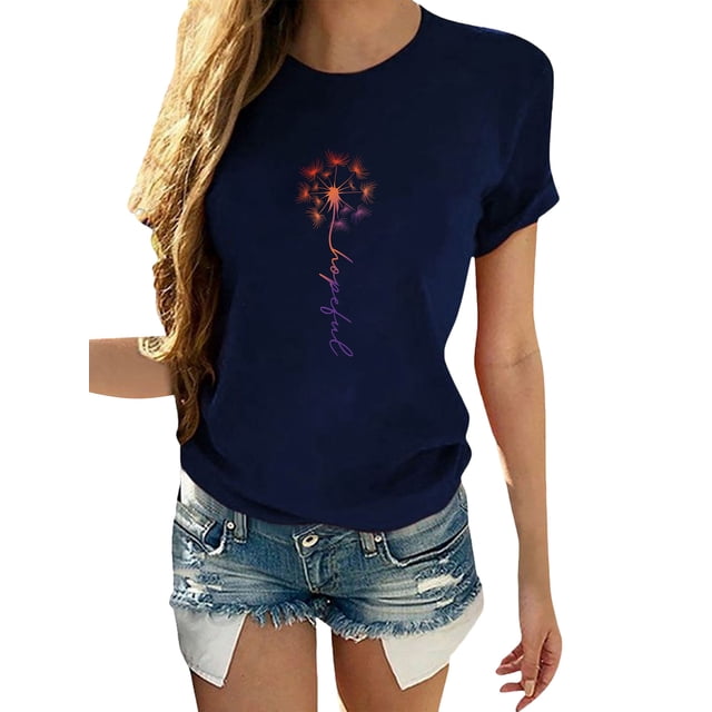 Daeful Tops Manches Courtes T-Shirts Col Rond Dames Basique Drôle Pissenlit Imprimé Tunique Chemisier Caché Vert S